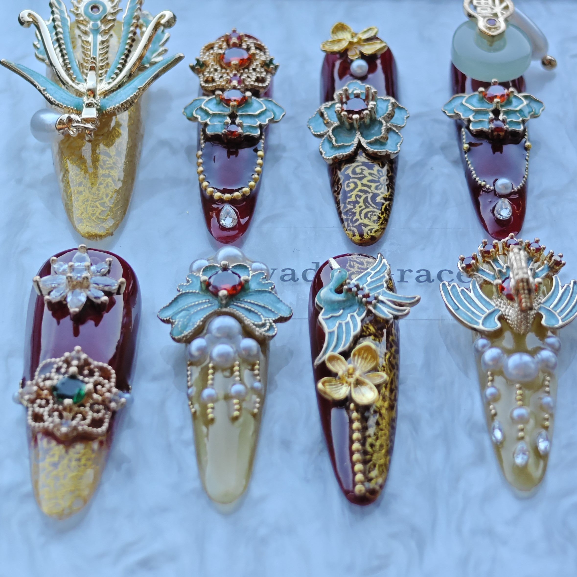 Imperial Phoenix Nails – Red & Gold Palace Press-On Nails with Enamel Blossoms and Pearl Charms | Luxury Chinese Royal Court Nails by Evadia Grace
