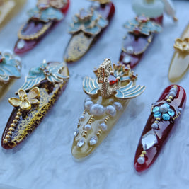 Imperial Phoenix Nails – Red & Gold Palace Press-On Nails with Enamel Blossoms and Pearl Charms | Luxury Chinese Royal Court Nails by Evadia Grace