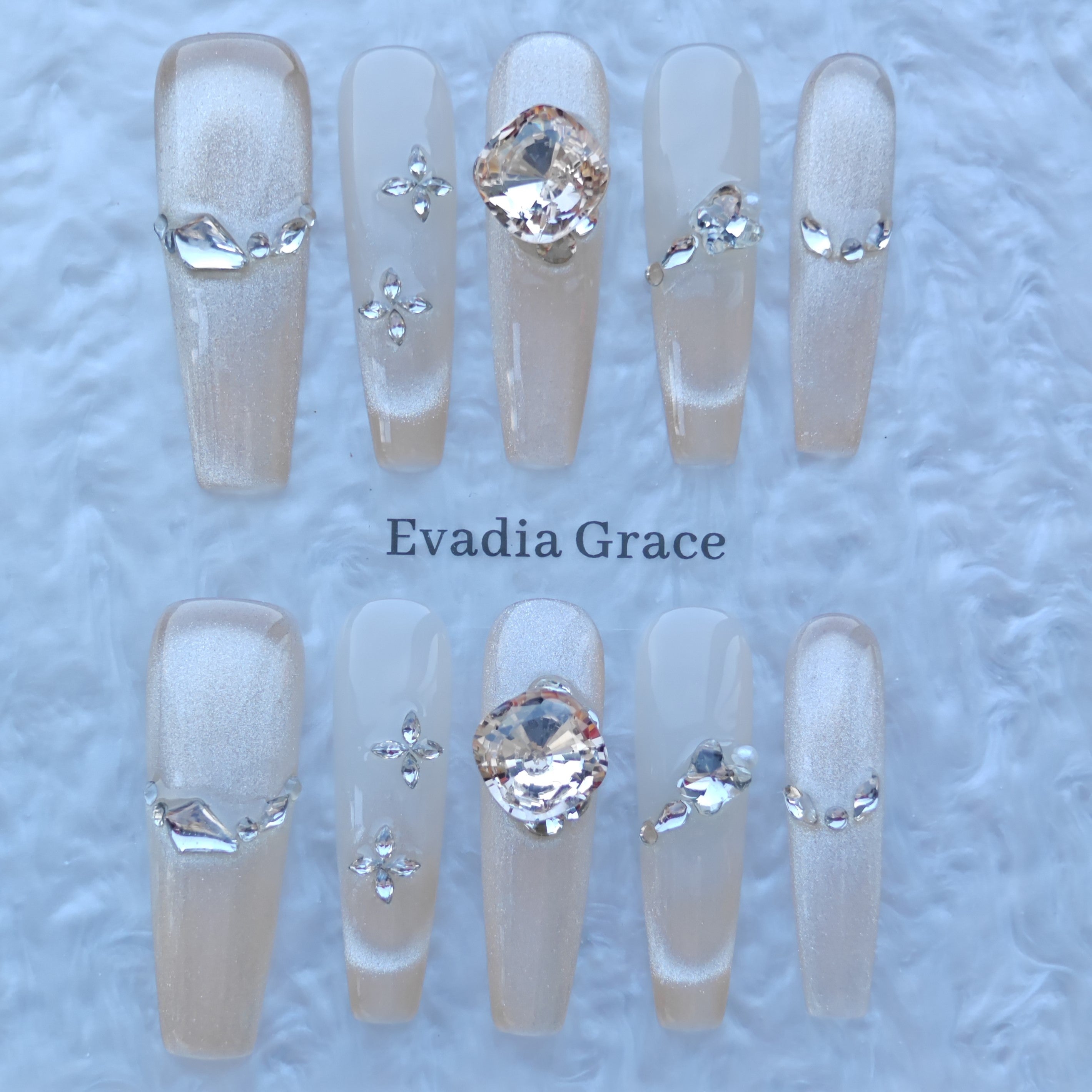 Champagne Crystal Veil Nails – Nude Shimmer Press-On Nails with Large Diamond Accent | Luxury Elegant Bridal Nails by Evadia Grace