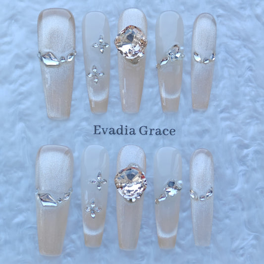 Champagne Crystal Veil Nails – Nude Shimmer Press-On Nails with Large Diamond Accent | Luxury Elegant Bridal Nails by Evadia Grace