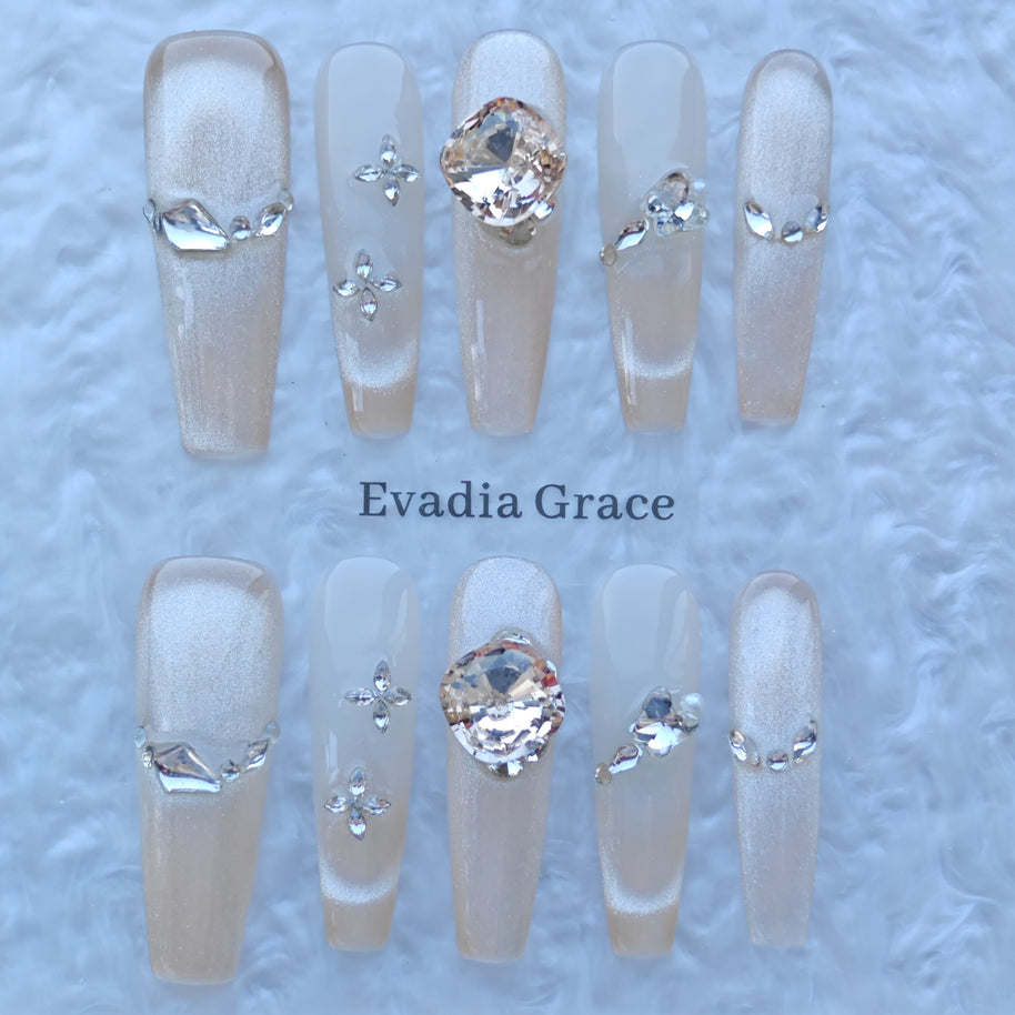 Champagne Crystal Veil Nails – Nude Shimmer Press-On Nails with Large Diamond Accent | Luxury Elegant Bridal Nails by Evadia Grace