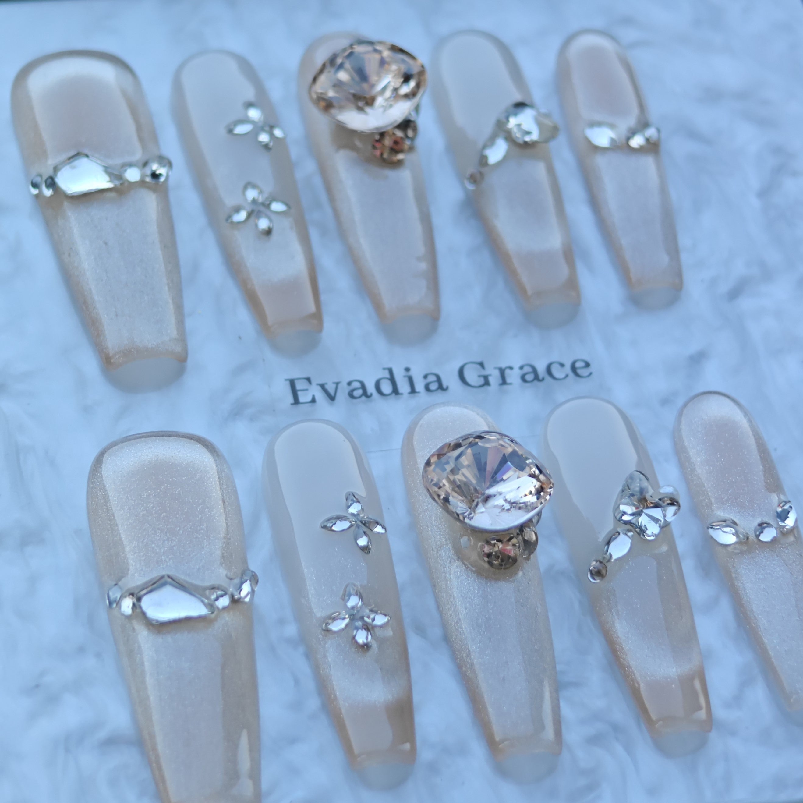 Champagne Crystal Veil Nails – Nude Shimmer Press-On Nails with Large Diamond Accent | Luxury Elegant Bridal Nails by Evadia Grace