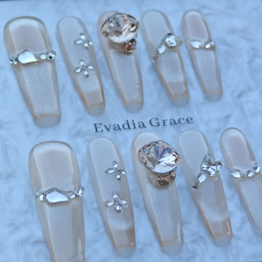 Champagne Crystal Veil Nails – Nude Shimmer Press-On Nails with Large Diamond Accent | Luxury Elegant Bridal Nails by Evadia Grace
