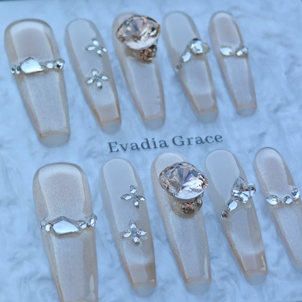 Champagne Crystal Veil Nails – Nude Shimmer Press-On Nails with Large Diamond Accent | Luxury Elegant Bridal Nails by Evadia Grace