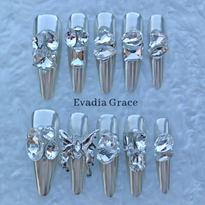 Silver Seraph Nails – Chrome Silver Crystal Press-On Nails with Butterfly & Rhinestone Accents | Luxury Gothic Fairy Nails by Evadia Grace