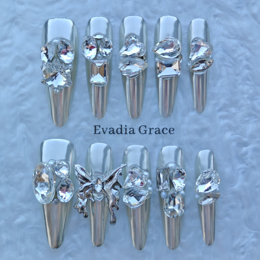 Silver Seraph Nails – Chrome Silver Crystal Press-On Nails with Butterfly & Rhinestone Accents | Luxury Gothic Fairy Nails by Evadia Grace