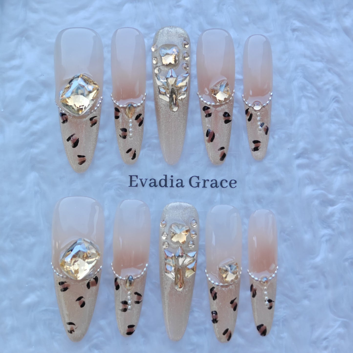 Champagne Leopard Nails – Nude Gold Crystal Press-On Nails with Leopard Accents | Luxury Statement Nails by Evadia Grace