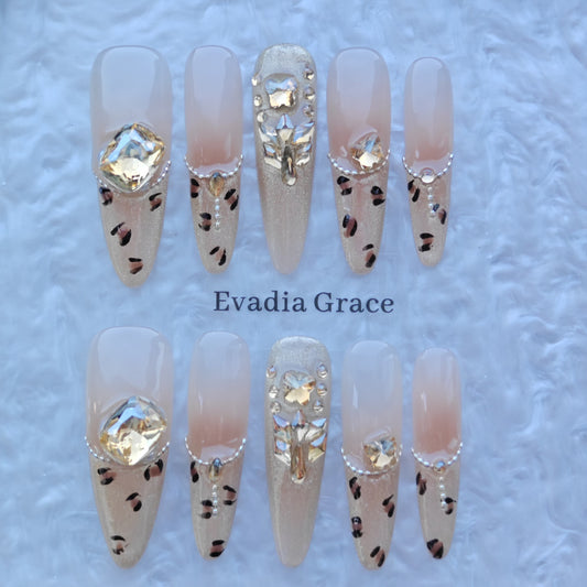 Champagne Leopard Nails – Nude Gold Crystal Press-On Nails with Leopard Accents | Luxury Statement Nails by Evadia Grace