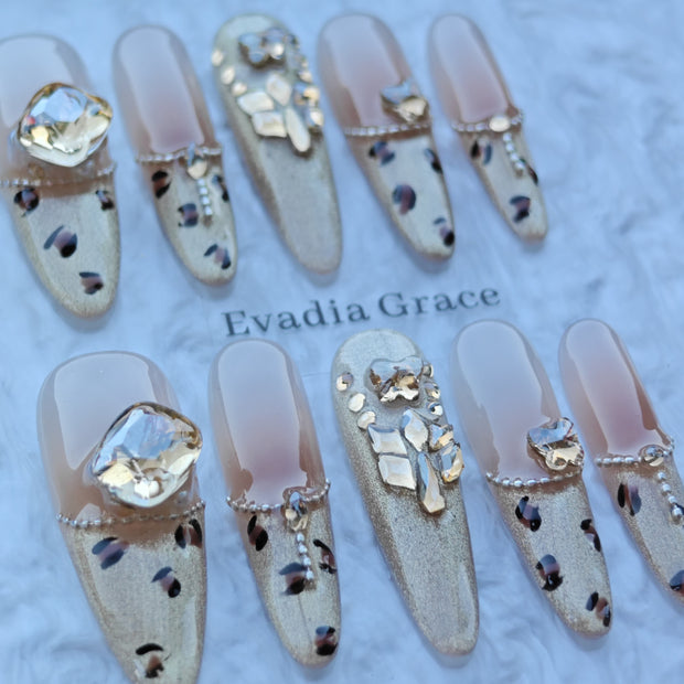 Champagne Leopard Nails – Nude Gold Crystal Press-On Nails with Leopard Accents | Luxury Statement Nails by Evadia Grace