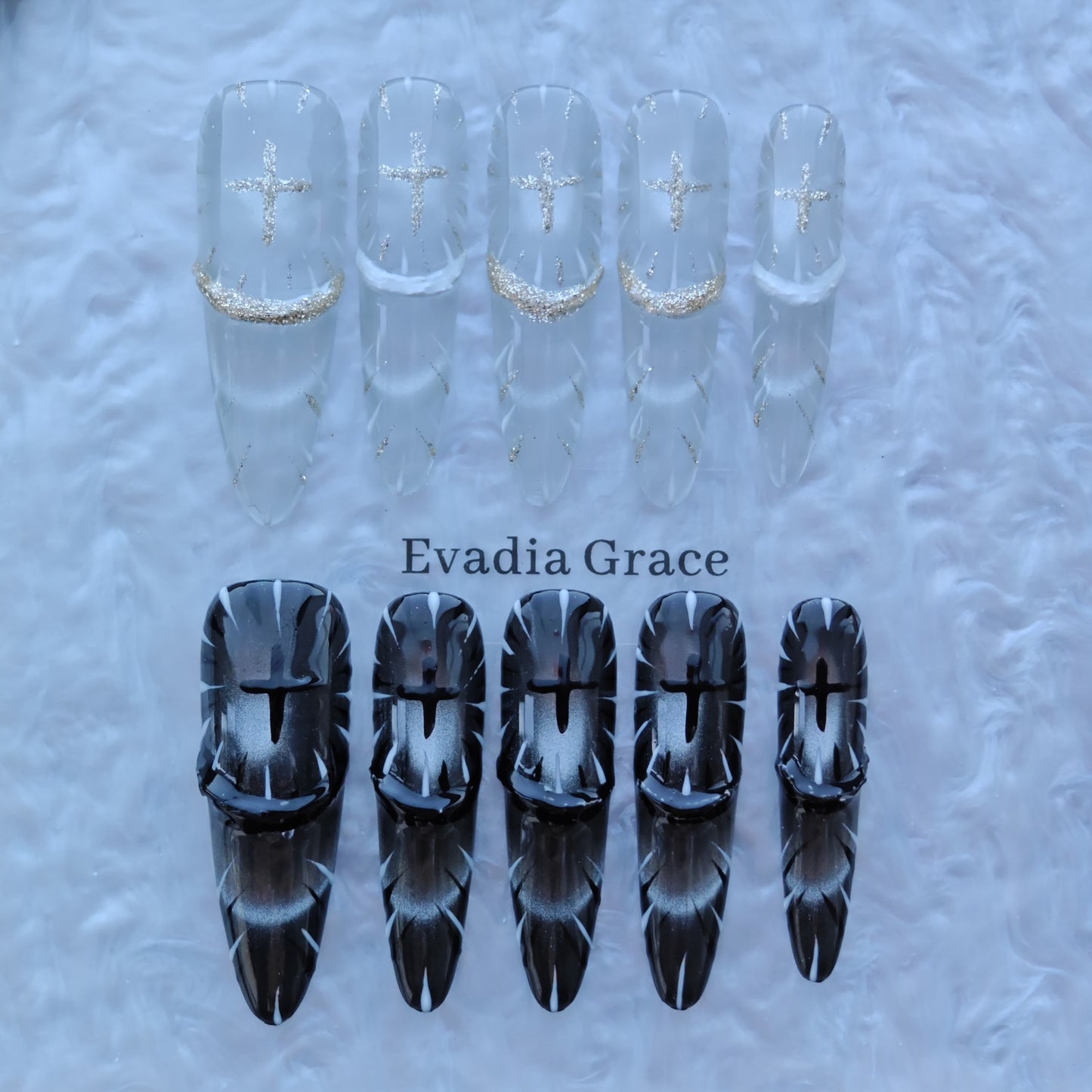 Holy Contrast Cross Nails – Black & Clear Gothic Press-On Nails with Gold Glitter Cross Design | Dark Aesthetic Nails by Evadia Grace