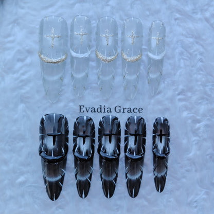 Holy Contrast Cross Nails – Black & Clear Gothic Press-On Nails with Gold Glitter Cross Design | Dark Aesthetic Nails by Evadia Grace