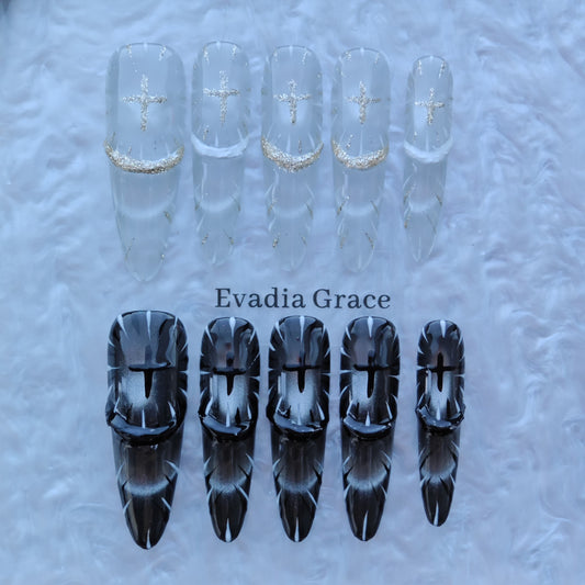 Holy Contrast Cross Nails – Black & Clear Gothic Press-On Nails with Gold Glitter Cross Design | Dark Aesthetic Nails by Evadia Grace