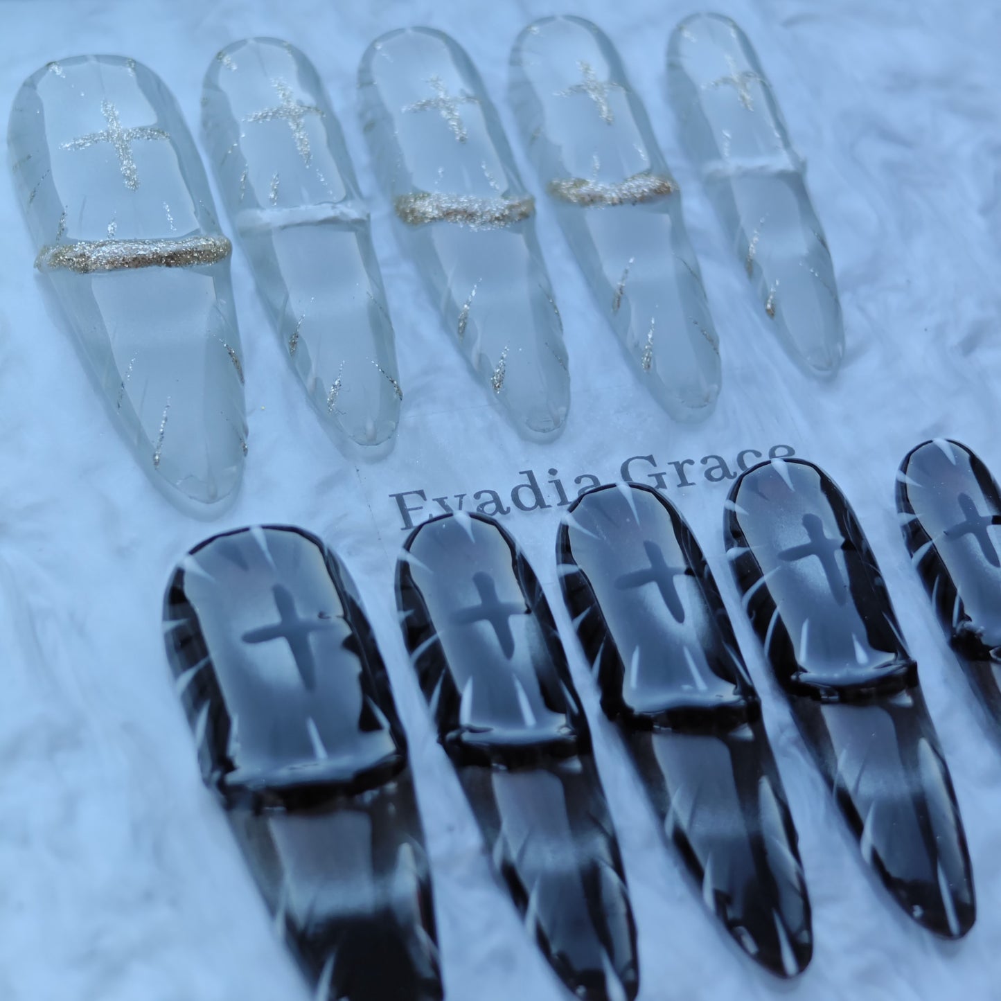 Holy Contrast Cross Nails – Black & Clear Gothic Press-On Nails with Gold Glitter Cross Design | Dark Aesthetic Nails by Evadia Grace