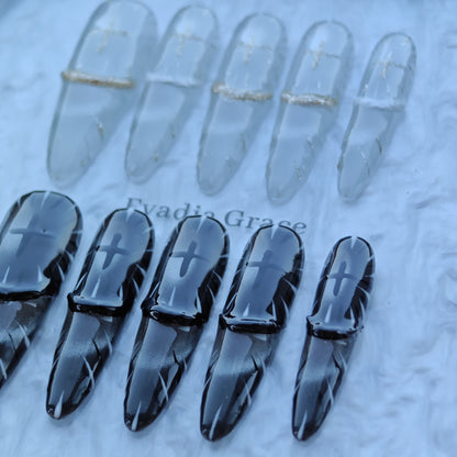 Holy Contrast Cross Nails – Black & Clear Gothic Press-On Nails with Gold Glitter Cross Design | Dark Aesthetic Nails by Evadia Grace