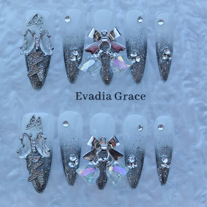 Silver Bell Butterfly Nails – Grey Ombre Glitter Press-On Nails with Crystal Bow Charms | Luxury Fairycore Nails by Evadia Grace