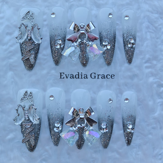 Silver Bell Butterfly Nails – Grey Ombre Glitter Press-On Nails with Crystal Bow Charms | Luxury Fairycore Nails by Evadia Grace
