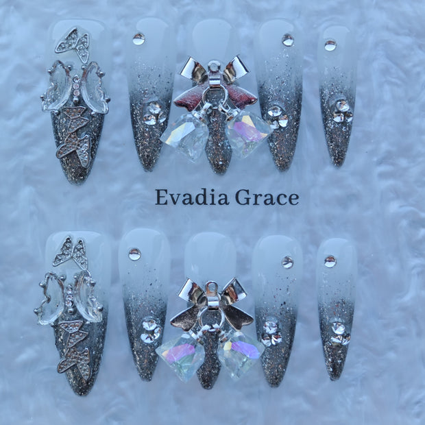 Silver Bell Butterfly Nails – Grey Ombre Glitter Press-On Nails with Crystal Bow Charms | Luxury Fairycore Nails by Evadia Grace