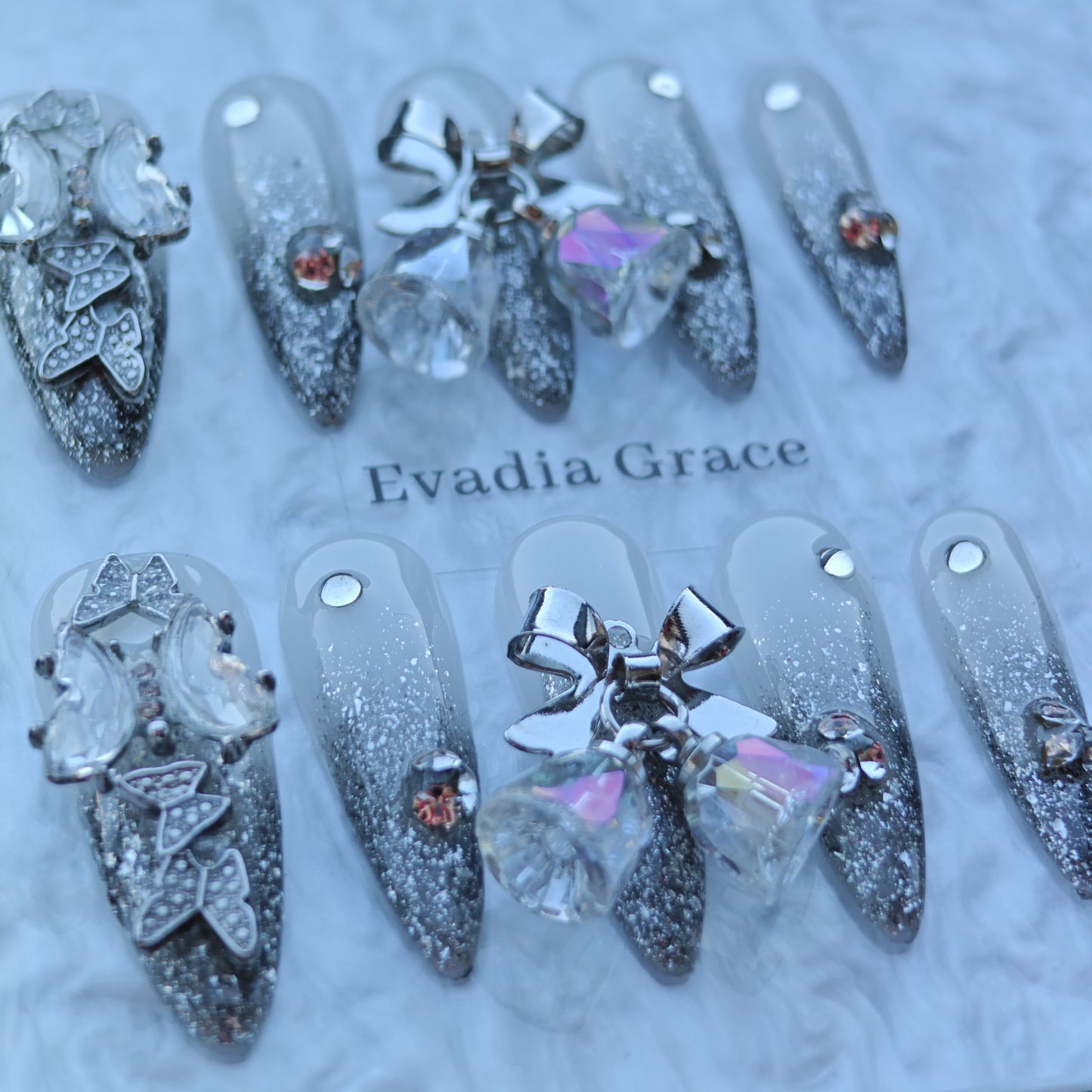 Silver Bell Butterfly Nails – Grey Ombre Glitter Press-On Nails with Crystal Bow Charms | Luxury Fairycore Nails by Evadia Grace