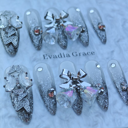 Silver Bell Butterfly Nails – Grey Ombre Glitter Press-On Nails with Crystal Bow Charms | Luxury Fairycore Nails by Evadia Grace