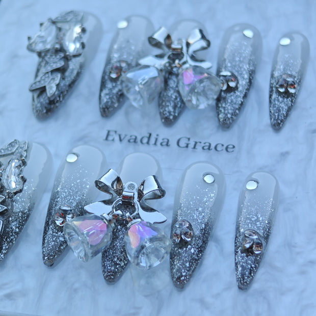 Silver Bell Butterfly Nails – Grey Ombre Glitter Press-On Nails with Crystal Bow Charms | Luxury Fairycore Nails by Evadia Grace