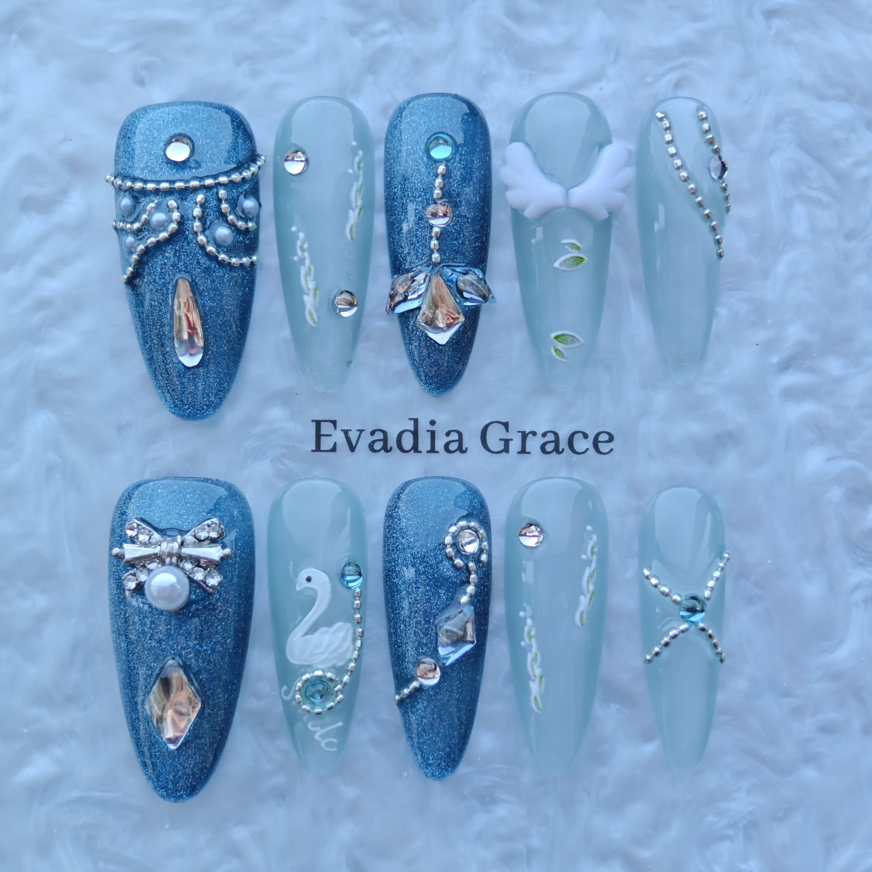 Ice Swan Royale Nails – Blue Glitter Press-On Nails with Swan, Pearl & Crystal Accents | Elegant Winter Luxury Nails by Evadia Grace