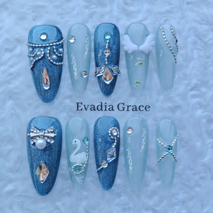 Ice Swan Royale Nails – Blue Glitter Press-On Nails with Swan, Pearl & Crystal Accents | Elegant Winter Luxury Nails by Evadia Grace