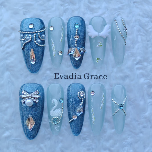 Ice Swan Royale Nails – Blue Glitter Press-On Nails with Swan, Pearl & Crystal Accents | Elegant Winter Luxury Nails by Evadia Grace