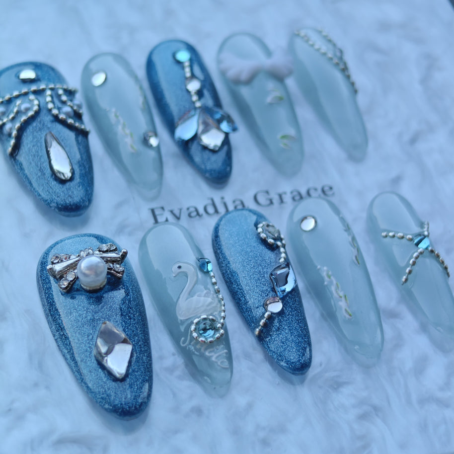 Ice Swan Royale Nails – Blue Glitter Press-On Nails with Swan, Pearl & Crystal Accents | Elegant Winter Luxury Nails by Evadia Grace