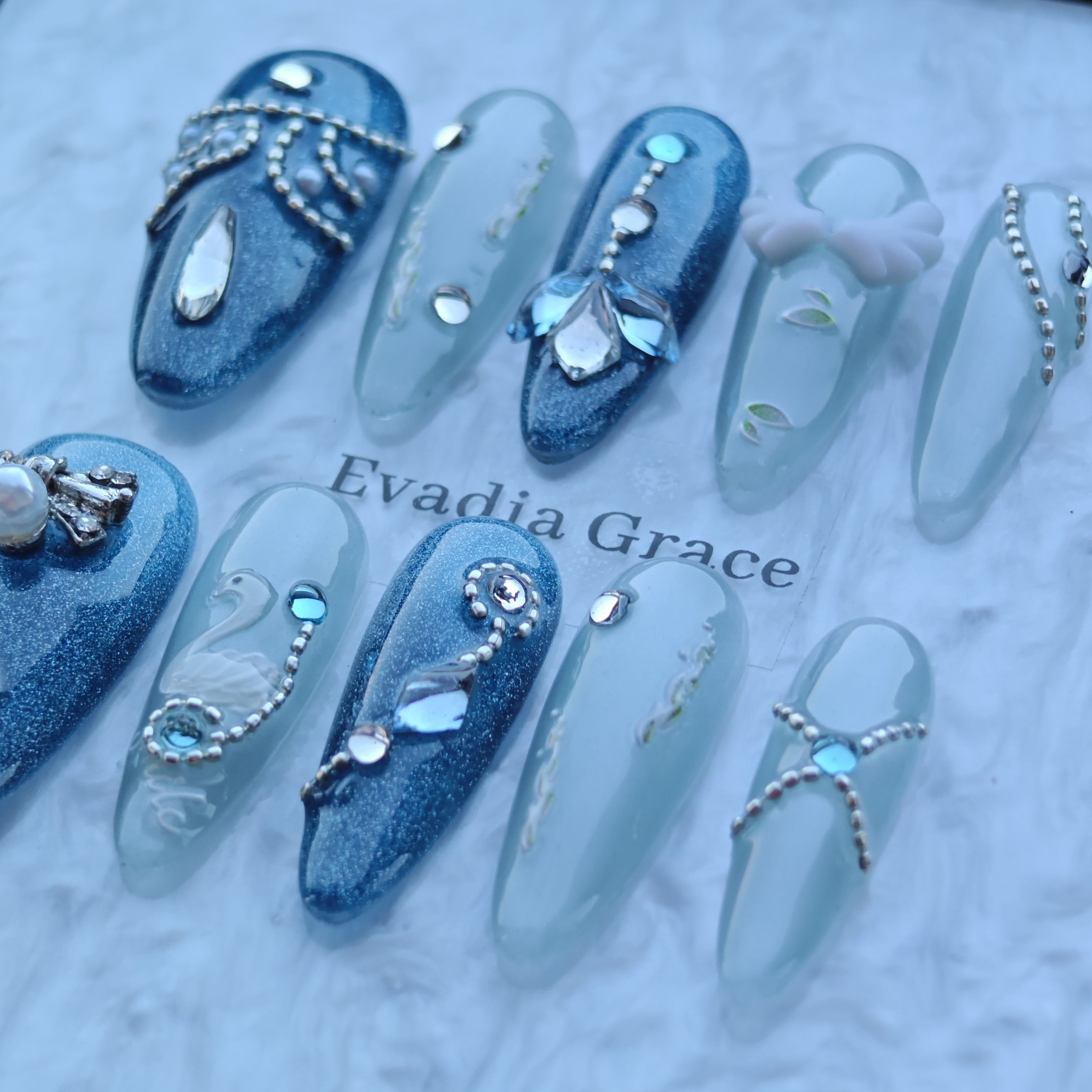Ice Swan Royale Nails – Blue Glitter Press-On Nails with Swan, Pearl & Crystal Accents | Elegant Winter Luxury Nails by Evadia Grace