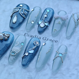Ice Swan Royale Nails – Blue Glitter Press-On Nails with Swan, Pearl & Crystal Accents | Elegant Winter Luxury Nails by Evadia Grace