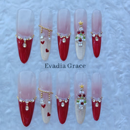 Crimson Noel Nails – Red French Tip Press-On Nails with Christmas Tree Gem & Gold Chain Details | Luxury Holiday Nails by Evadia Grace