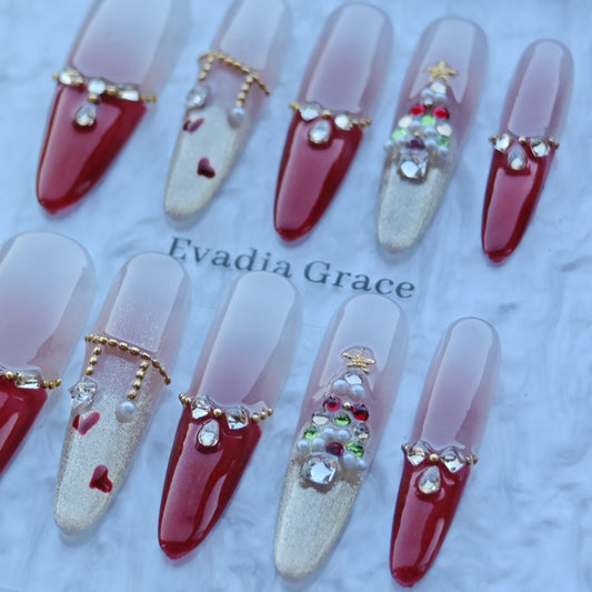 Crimson Noel Nails – Red French Tip Press-On Nails with Christmas Tree Gem & Gold Chain Details