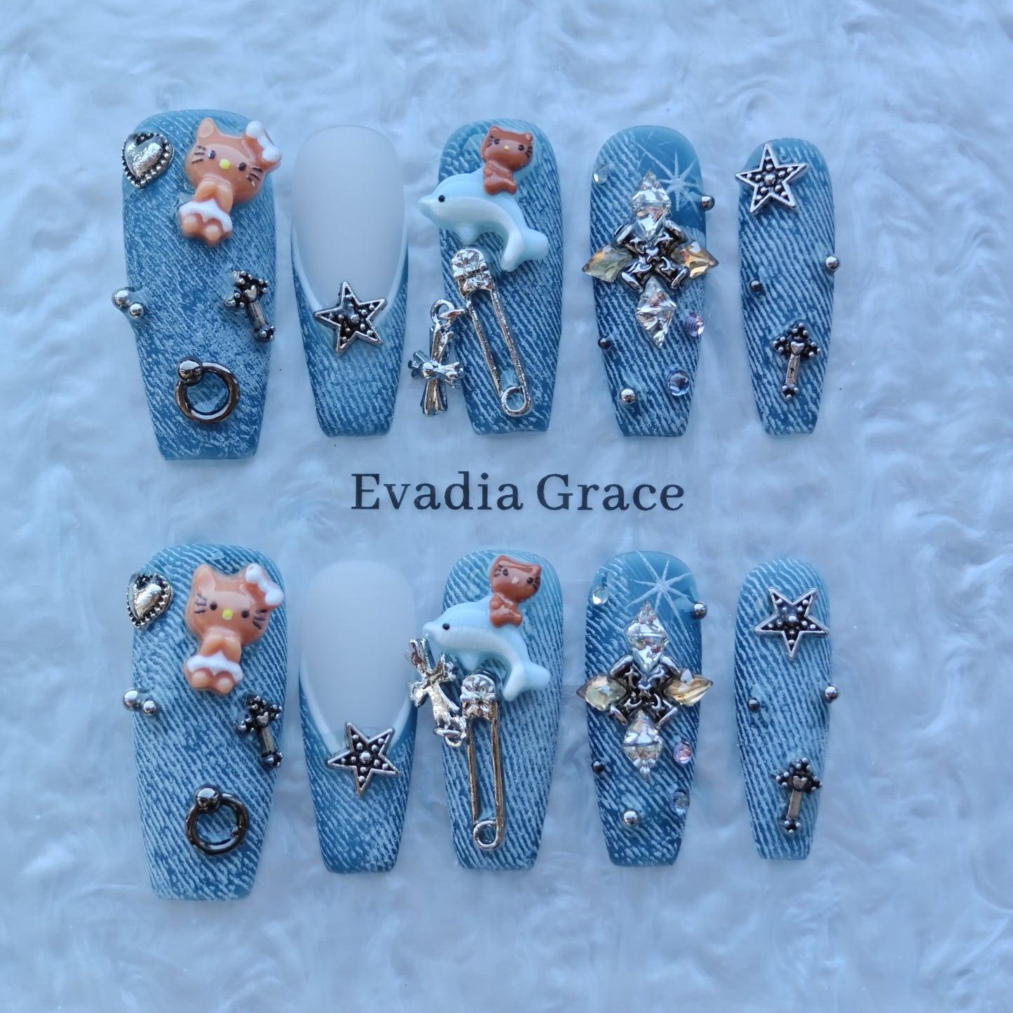Denim Dream Nails – Blue Jean Texture Press-On Nails with Cute Charms & Crystal Cross | Trendy Luxury Press-On Nails by Evadia Grace