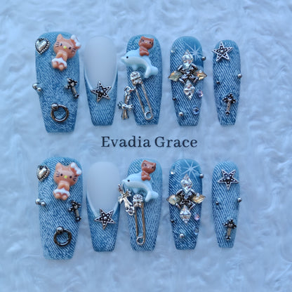 Denim Dream Nails – Blue Jean Texture Press-On Nails with Cute Charms & Crystal Cross | Trendy Luxury Press-On Nails by Evadia Grace