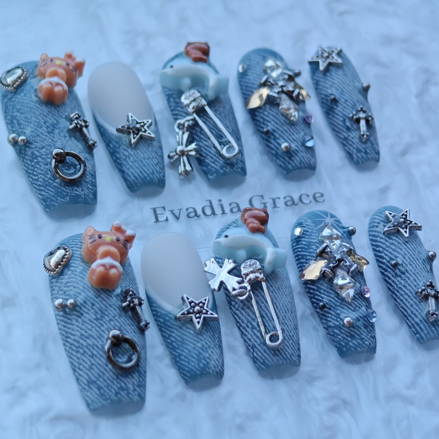 Denim Dream Nails – Blue Jean Texture Press-On Nails with Cute Charms & Crystal Cross | Trendy Luxury Press-On Nails by Evadia Grace
