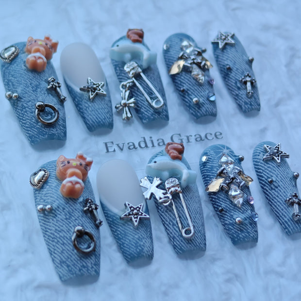 Denim Dream Nails – Blue Jean Texture Press-On Nails with Cute Charms & Crystal Cross | Trendy Luxury Press-On Nails by Evadia Grace