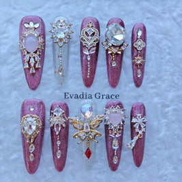 Royal Crystal Palace Press-On Nails – Pink Glitter Coffin Nails with Oversized Gem Charms & Gold Baroque Accents | Luxury Handmade Nails by Evadia Grace