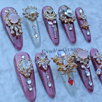 Royal Crystal Palace Press-On Nails – Pink Glitter Coffin Nails with Oversized Gem Charms & Gold Baroque Accents | Luxury Handmade Nails by Evadia Grace