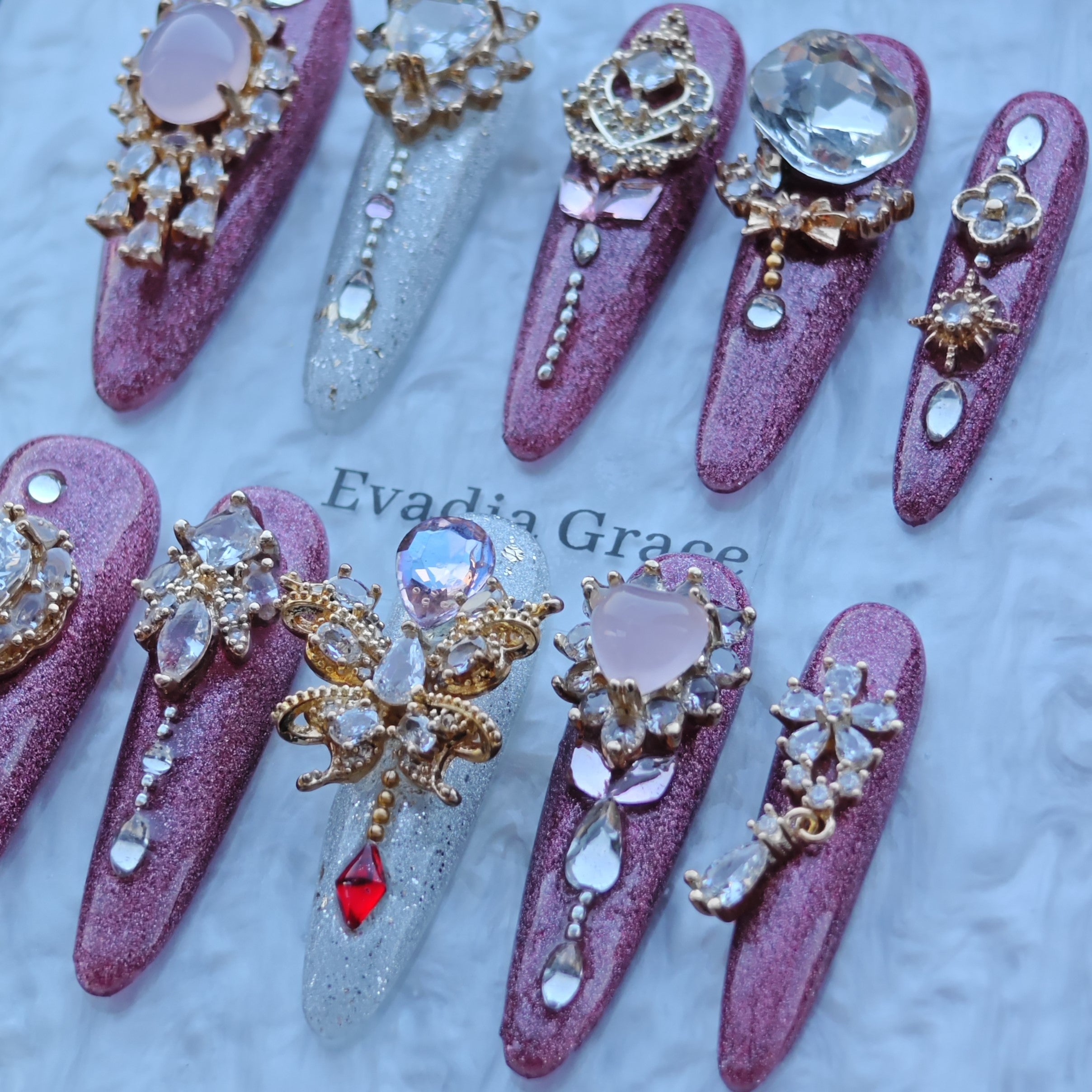 Royal Crystal Palace Press-On Nails – Pink Glitter Coffin Nails with Oversized Gem Charms & Gold Baroque Accents | Luxury Handmade Nails by Evadia Grace