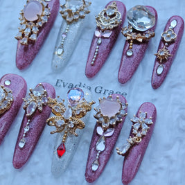 Royal Crystal Palace Press-On Nails – Pink Glitter Coffin Nails with Oversized Gem Charms & Gold Baroque Accents | Luxury Handmade Nails by Evadia Grace