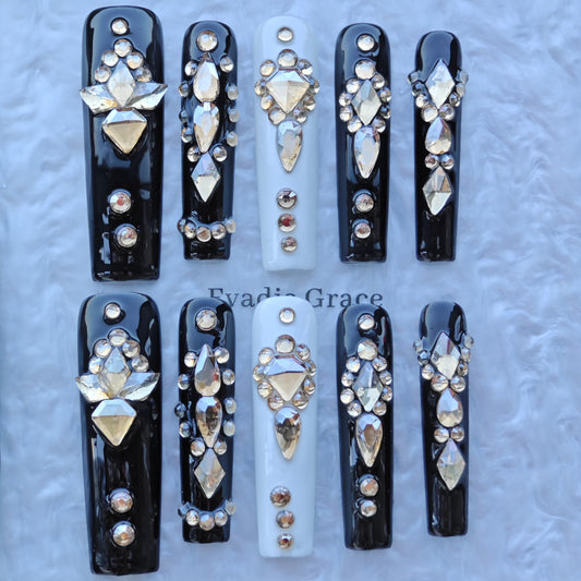 Midnight Noir Crystal Nails – Black & Ivory Luxury Press-On Nails with Champagne Diamond Accents | Elegant Statement Nails by Evadia Grace