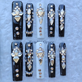 Midnight Noir Crystal Nails – Black & Ivory Luxury Press-On Nails with Champagne Diamond Accents | Elegant Statement Nails by Evadia Grace