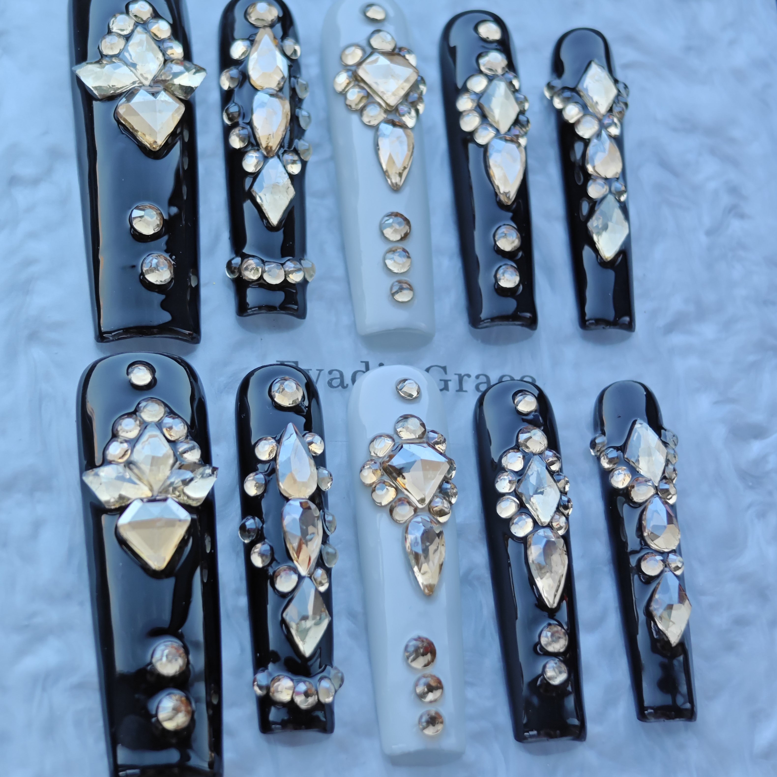 Midnight Noir Crystal Nails – Black & Ivory Luxury Press-On Nails with Champagne Diamond Accents | Elegant Statement Nails by Evadia Grace