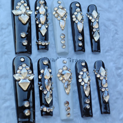 Midnight Noir Crystal Nails – Black & Ivory Luxury Press-On Nails with Champagne Diamond Accents | Elegant Statement Nails by Evadia Grace