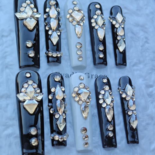 Midnight Noir Crystal Nails – Black & Ivory Luxury Press-On Nails with Champagne Diamond Accents | Elegant Statement Nails by Evadia Grace