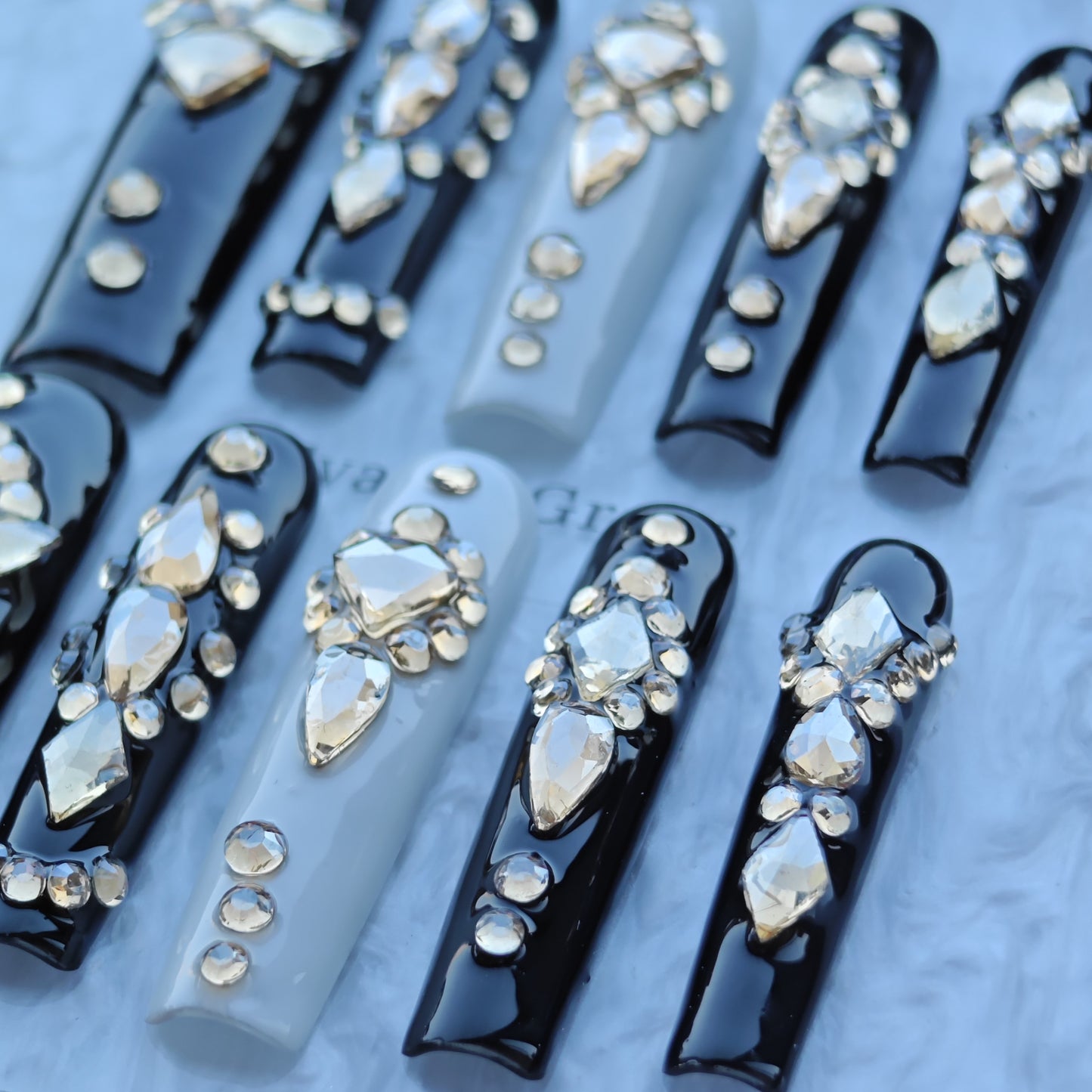 Midnight Noir Crystal Nails – Black & Ivory Luxury Press-On Nails with Champagne Diamond Accents | Elegant Statement Nails by Evadia Grace