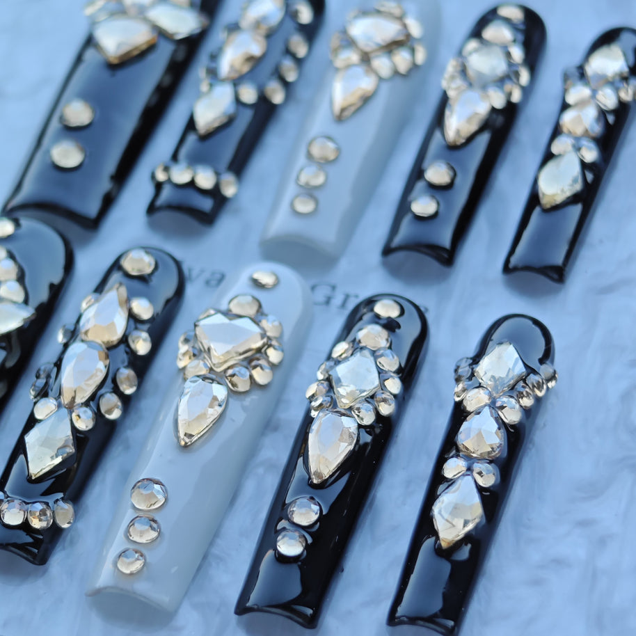 Midnight Noir Crystal Nails – Black & Ivory Luxury Press-On Nails with Champagne Diamond Accents | Elegant Statement Nails by Evadia Grace
