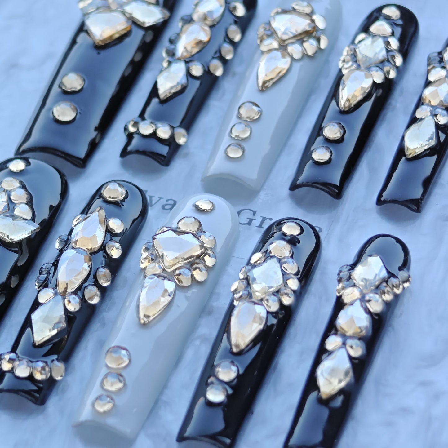 Midnight Noir Crystal Nails – Black & Ivory Luxury Press-On Nails with Champagne Diamond Accents | Elegant Statement Nails by Evadia Grace