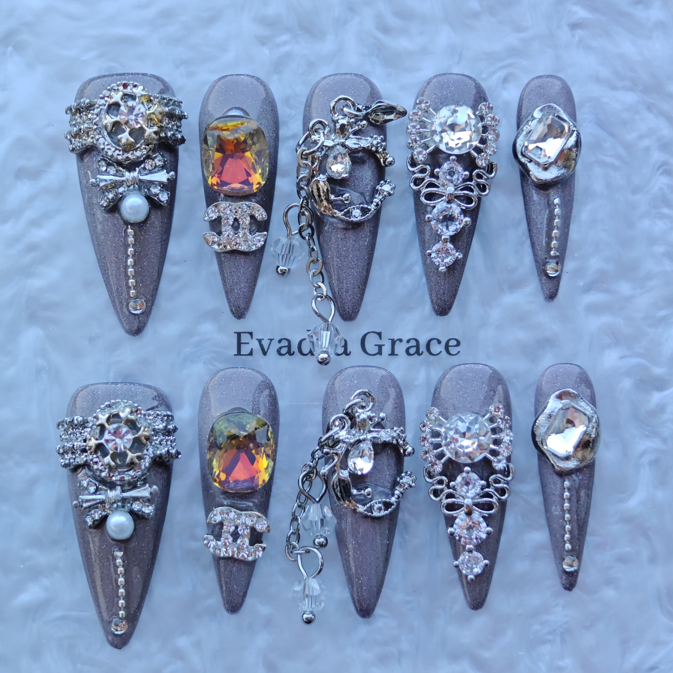 Smoky Crystal Cathedral Nails – Grey Ombre Press-On Nails with Gothic Jewelry & Chain Accents | Luxury Baroque Nails by Evadia Grace