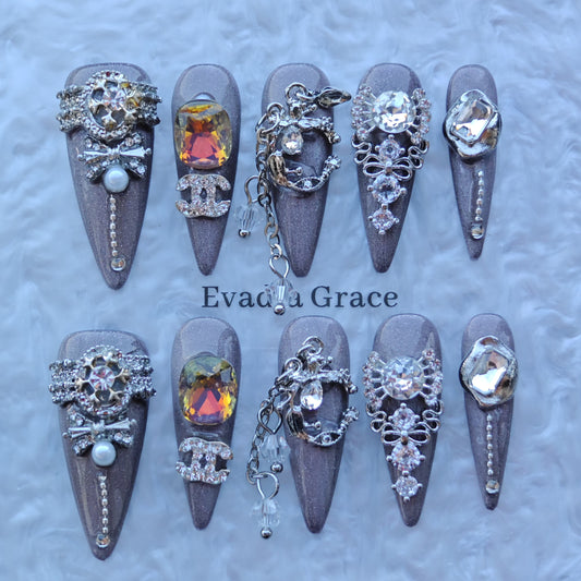 Smoky Crystal Cathedral Nails – Grey Ombre Press-On Nails with Gothic Jewelry & Chain Accents | Luxury Baroque Nails by Evadia Grace